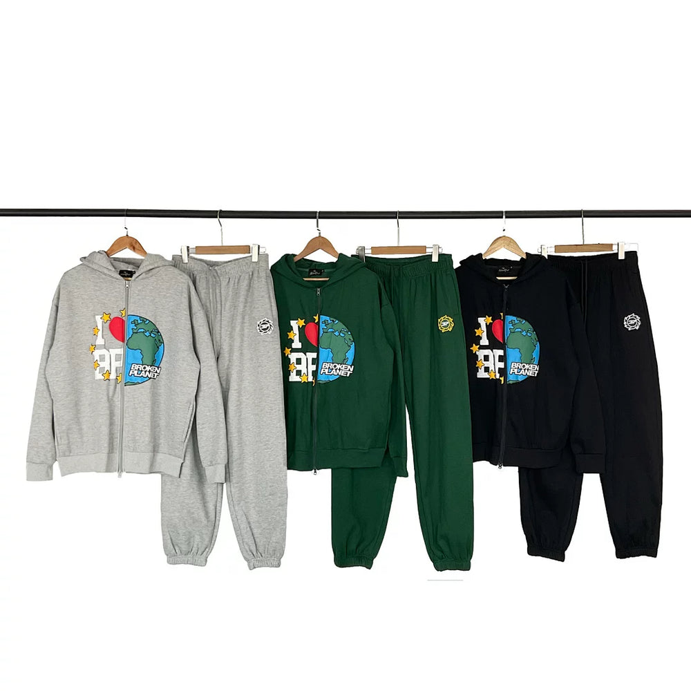 Broken planet tracksuit, trendy high street, autumn and winter velvet sports and leisure hoodie and pants set