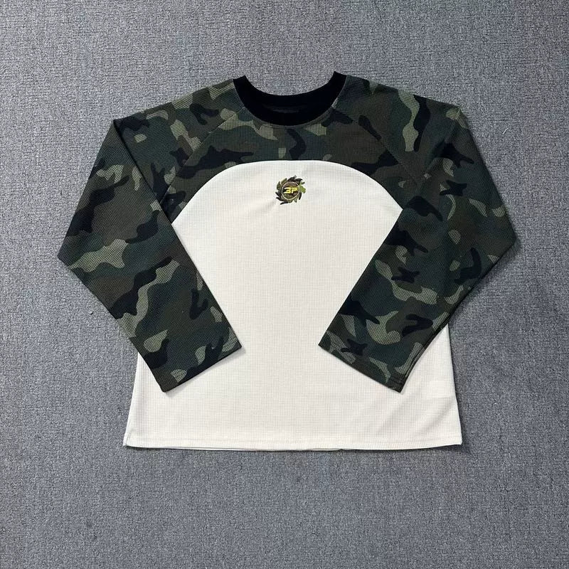 Broken Planet Trendy Brand Splicing Color Contrasting Letter Badge Embroidered Loose Waffle Camouflage Long Sleeve T-shirt for Men