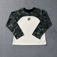Broken Planet Trendy Brand Splicing Color Contrasting Letter Badge Embroidered Loose Waffle Camouflage Long Sleeve T-shirt for Men
