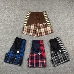 Broken Planet American High Street Trendy Brand Retro Splicing Color Contrast Embroidered Stripe Grid Drawstring Shorts Fog