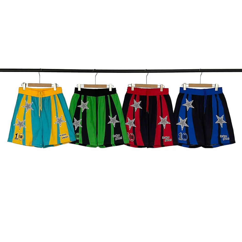 Broken planet, trendy and fashionable street style, summer casual, color blocking, embroidery, woven, quick drying beach shorts, ins