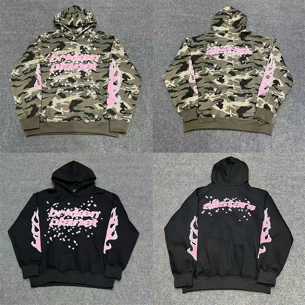 Meichao broken planet high street casual letter star foam print with velvet camouflage hooded sweatshirt fog