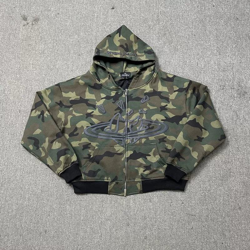 2024 autumn casual hooded sweatshirt high street style camouflage cardigan jacket loose fit