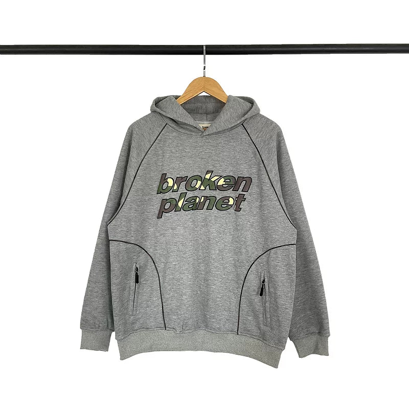 Broken Planet European and American niche fashion brand autumn and winter velvet casual men's and women's same shoulder sleeved hooded sweatshirt