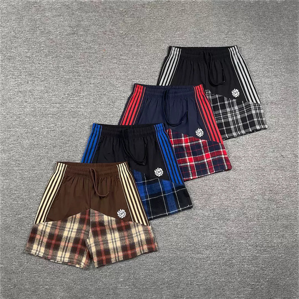 Broken Planet American High Street Trendy Brand Retro Splicing Color Contrast Embroidered Stripe Grid Drawstring Shorts Fog