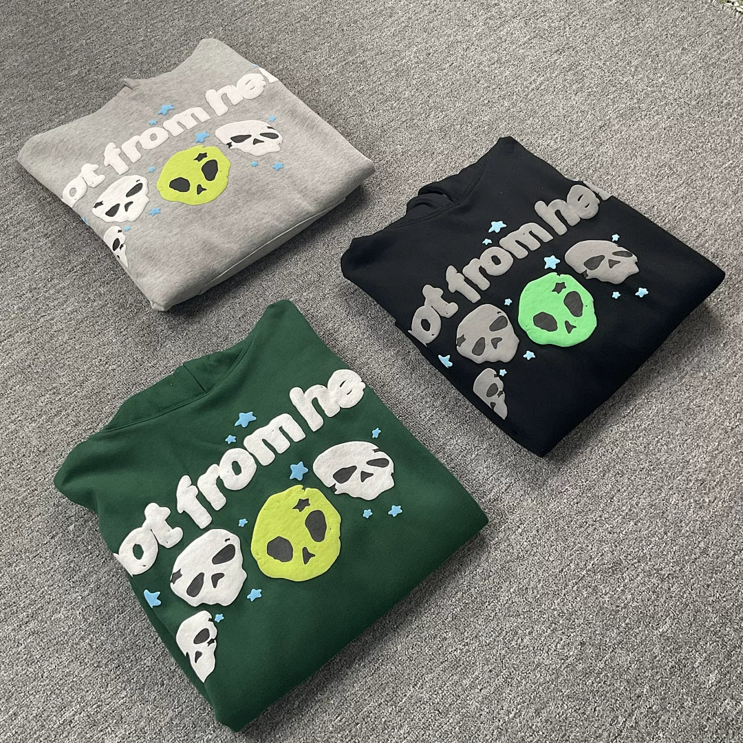 Broken Planet Fashion Street Letter Skull Hair Bubble Printed Velvet Hoodie Men and Women