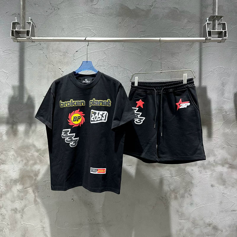 broken planet European and American high street fashion brand summer sports leisure loose cotton short-sleeved T-shirt shorts suit