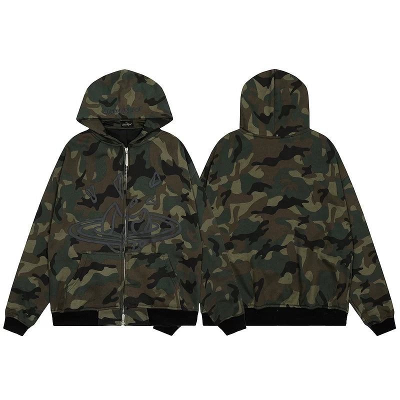 2024 autumn casual hooded sweatshirt high street style camouflage cardigan jacket loose fit
