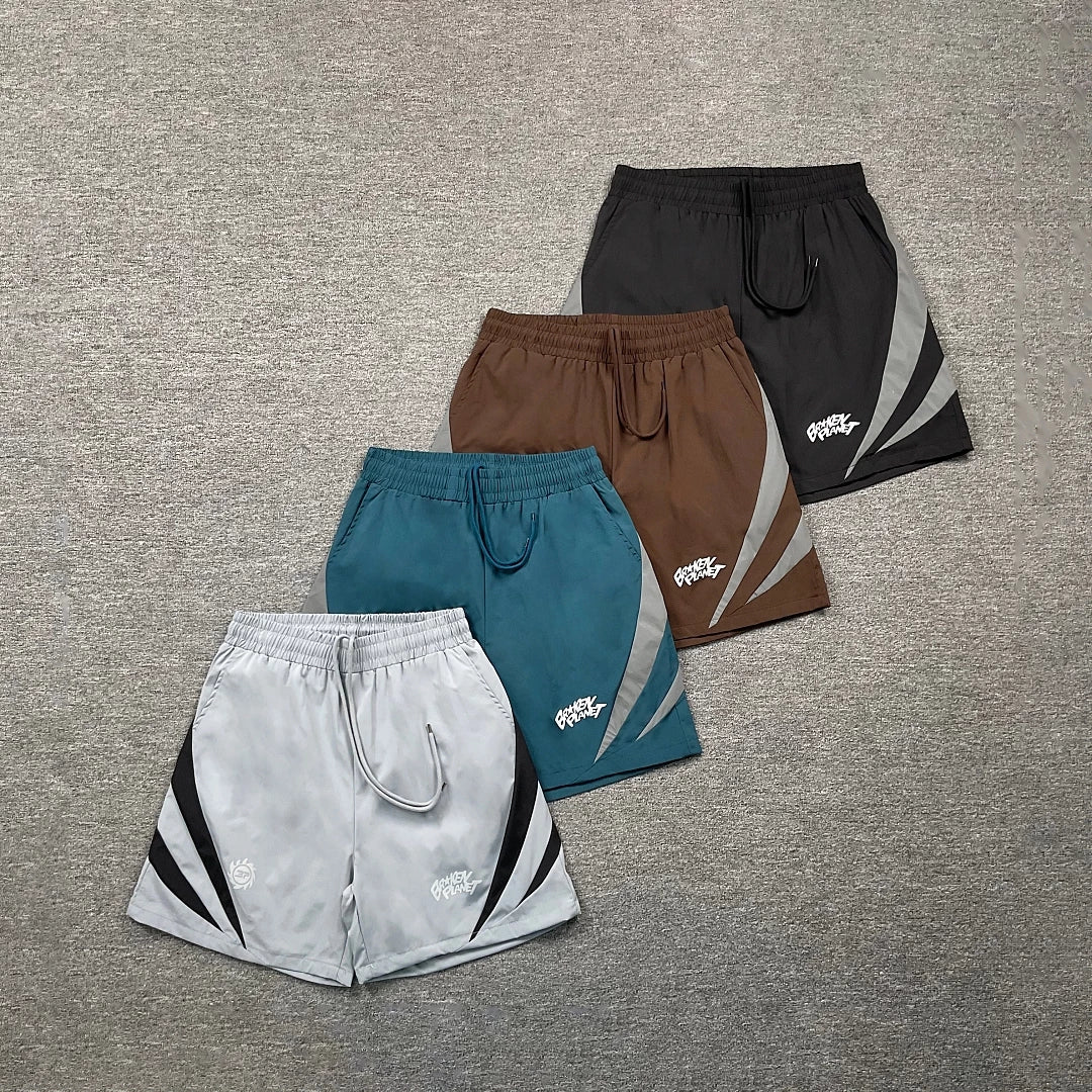 Broken Planet Street Retro Contrast Reflective Strip Letter Logo Printed Quick Drying Beach Shorts