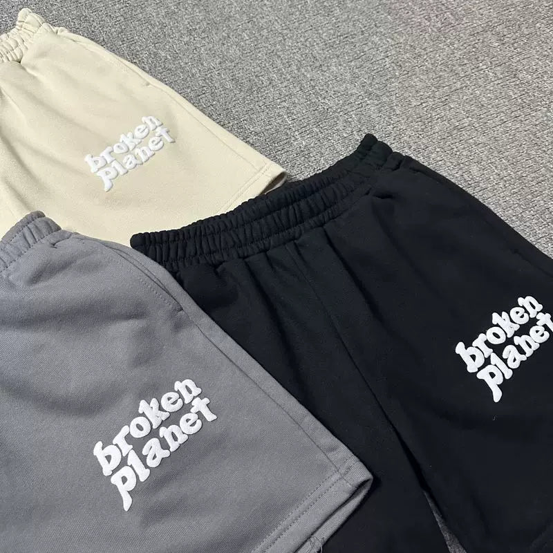 Broken planet shorts unisex high street trendy letter foam printed drawstring five quarter shorts