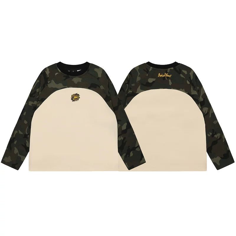 Broken Planet Trendy Brand Splicing Color Contrasting Letter Badge Embroidered Loose Waffle Camouflage Long Sleeve T-shirt for Men