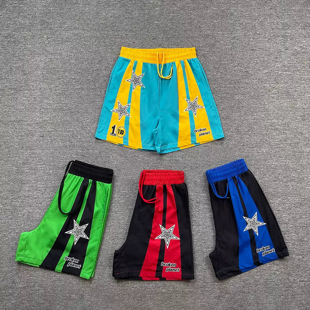 Broken planet, trendy and fashionable street style, summer casual, color blocking, embroidery, woven, quick drying beach shorts, ins