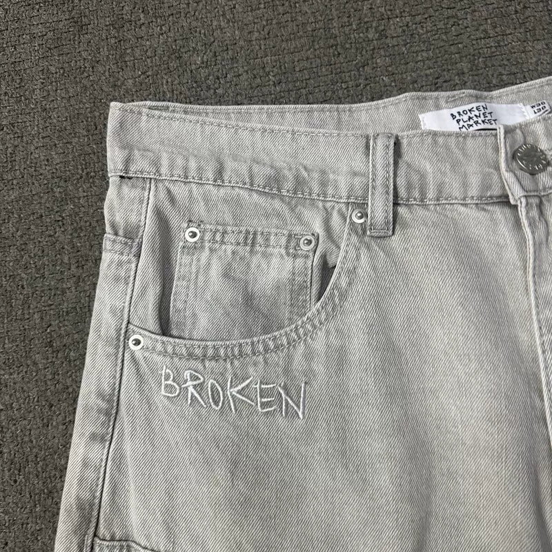 Broken planet jeans, American high street vibe, niche design, trendy loose straight leg jeans