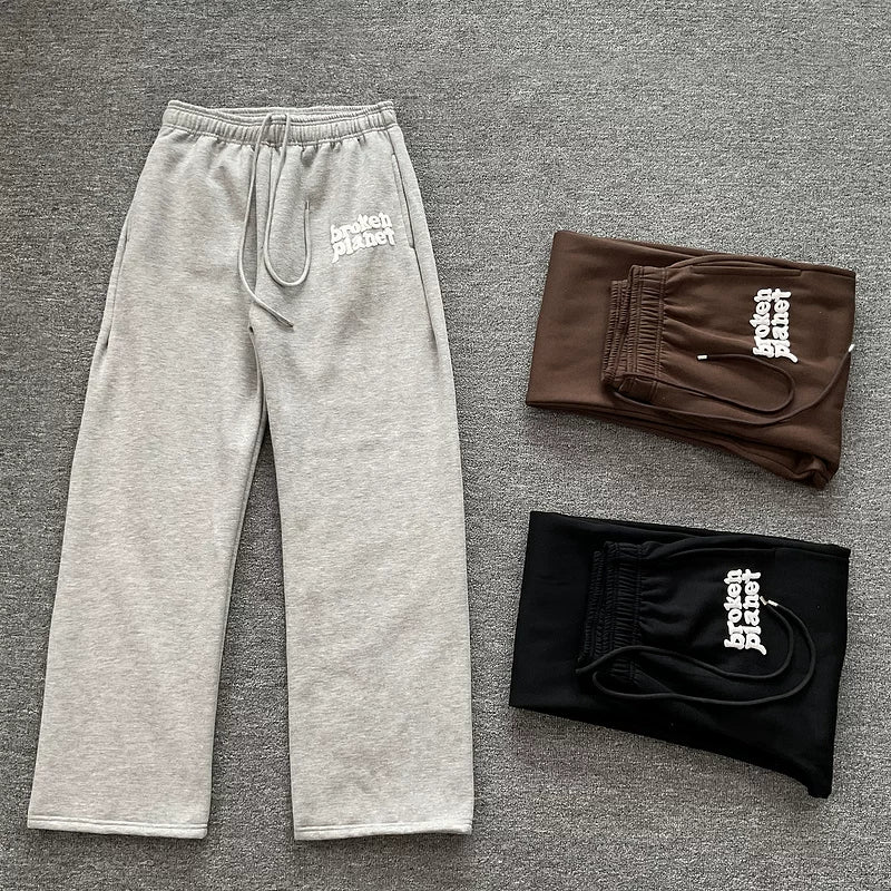 Broken Planet High Street Trendy Brand Autumn/Winter Sports and Leisure with Fleece Letter Printed Loose Straight Pants for Men