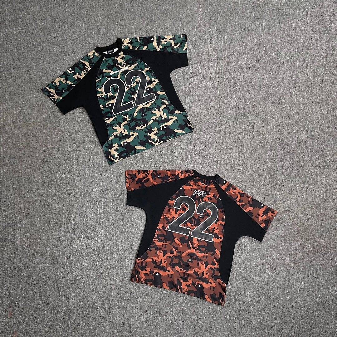 Broken planet shirt, trendy hip-hop street fashion, summer casual, color blocking splicing camouflage short sleeved T-shirt