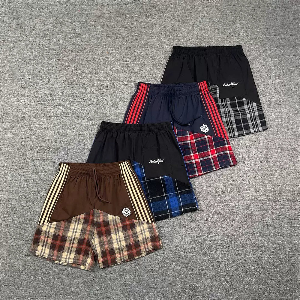 Broken Planet American High Street Trendy Brand Retro Splicing Color Contrast Embroidered Stripe Grid Drawstring Shorts Fog