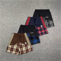 Broken Planet American High Street Trendy Brand Retro Splicing Color Contrast Embroidered Stripe Grid Drawstring Shorts Fog