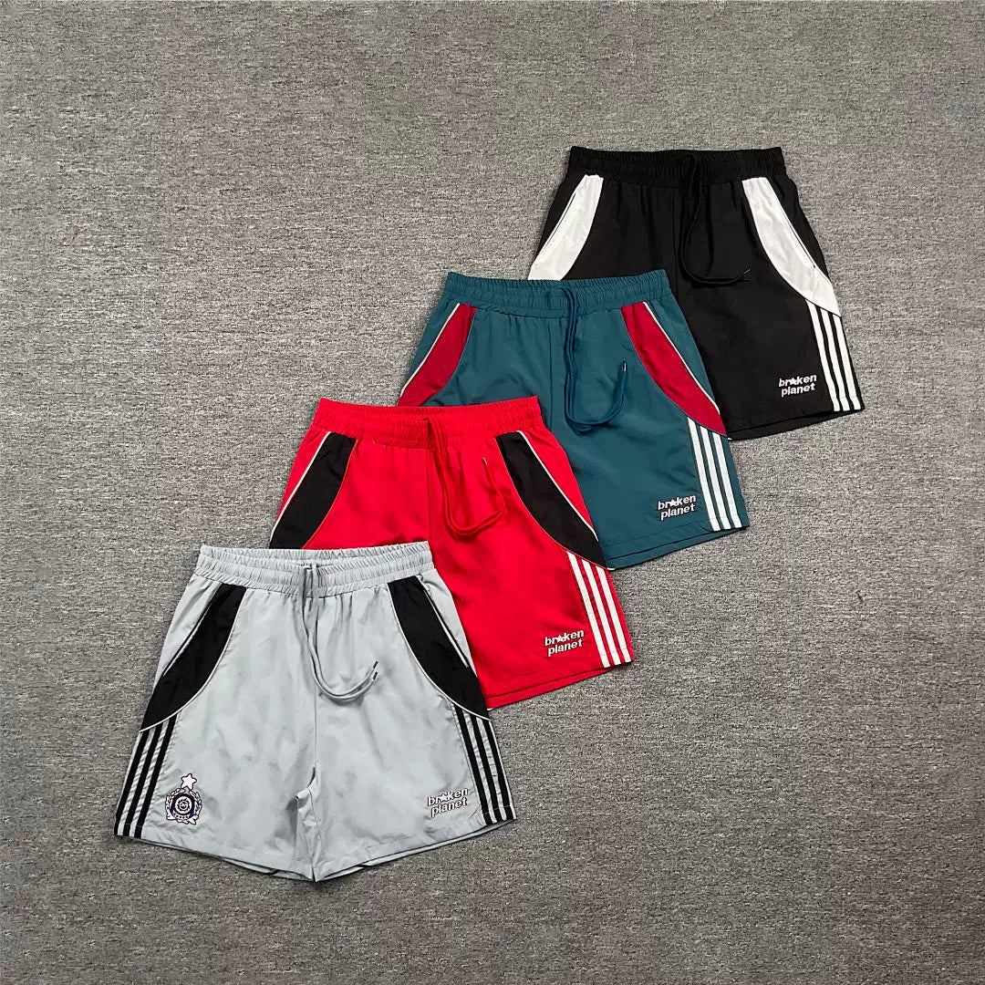 Broken planet, trendy high street, retro summer, contrasting colors, embroidered badges, striped quick drying beach shorts for men