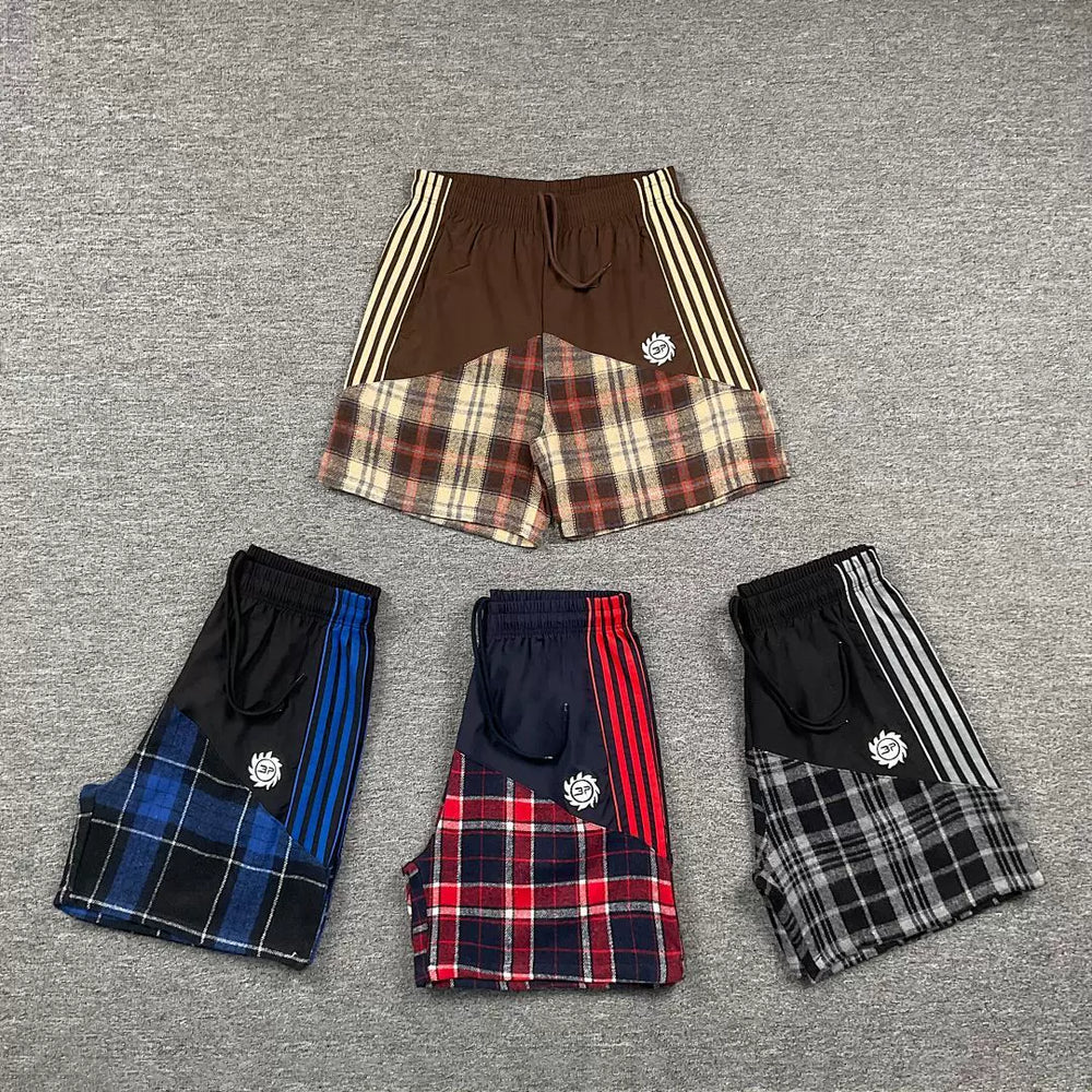 Broken Planet American High Street Trendy Brand Retro Splicing Color Contrast Embroidered Stripe Grid Drawstring Shorts Fog