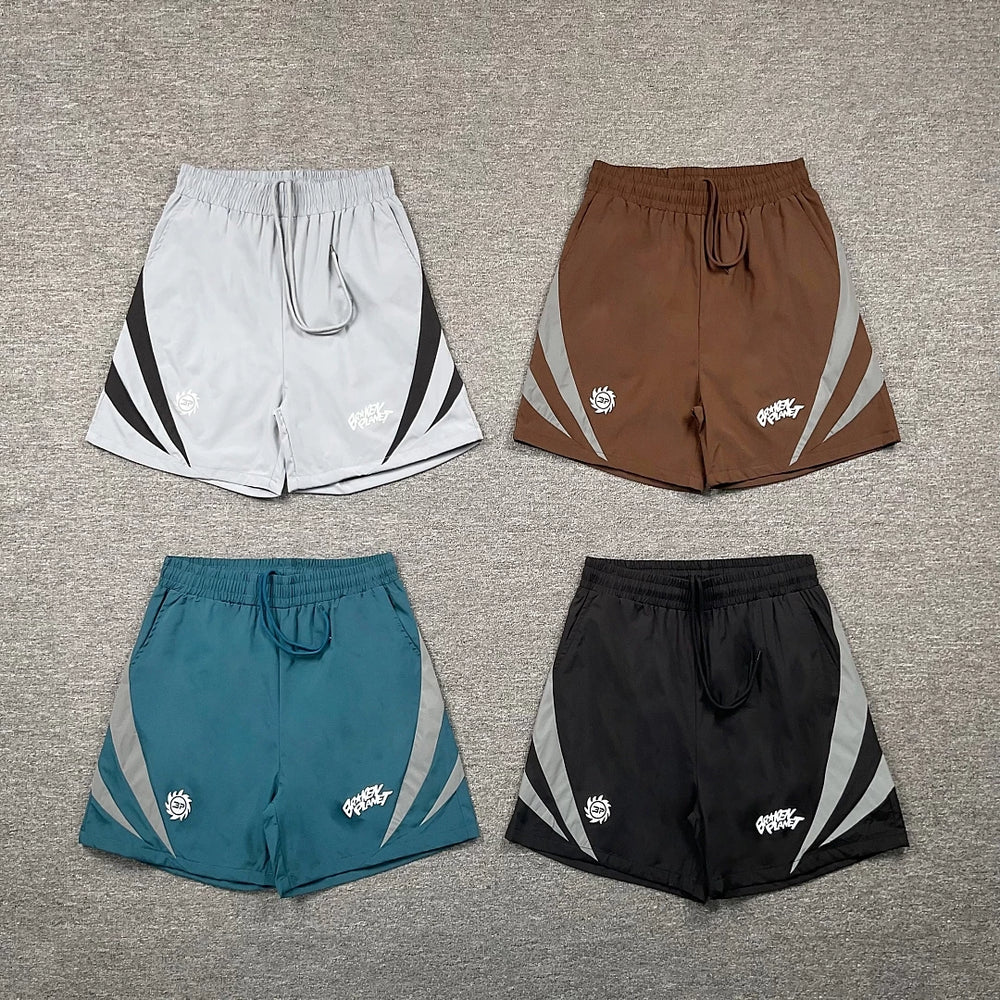 Broken Planet Street Retro Contrast Reflective Strip Letter Logo Printed Quick Drying Beach Shorts