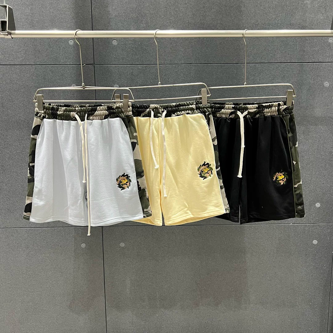 Broken planet, trendy high street, retro casual, color blocking splicing, camouflage embroidery logo, pure cotton shorts, summer