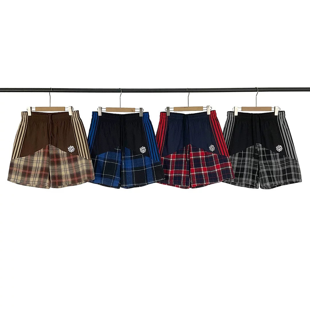 Broken Planet American High Street Trendy Brand Retro Splicing Color Contrast Embroidered Stripe Grid Drawstring Shorts Fog