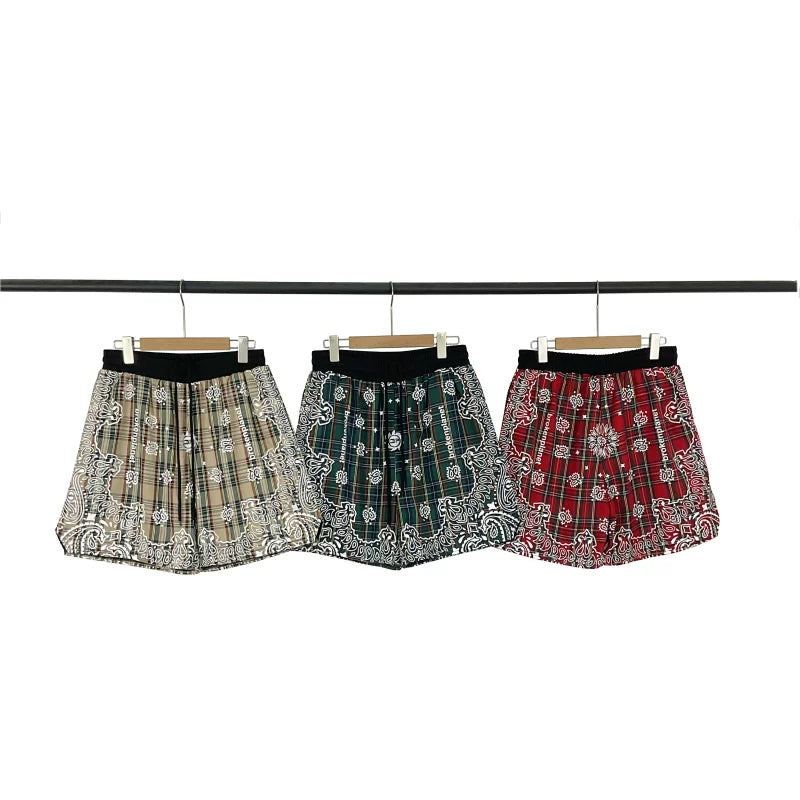 Broken Planet European and American high street fashion brand logo embroidered cashew flower full print striped checkered drawstring shorts