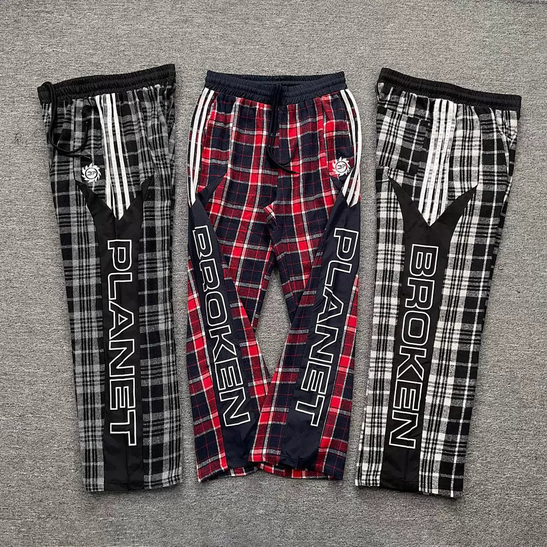 Broken Planet American High Street Trendy Brand Retro Casual Color Contrast Embroidered Loose Plaid Straight Pants Ins