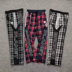 Broken Planet American High Street Trendy Brand Retro Casual Color Contrast Embroidered Loose Plaid Straight Pants Ins