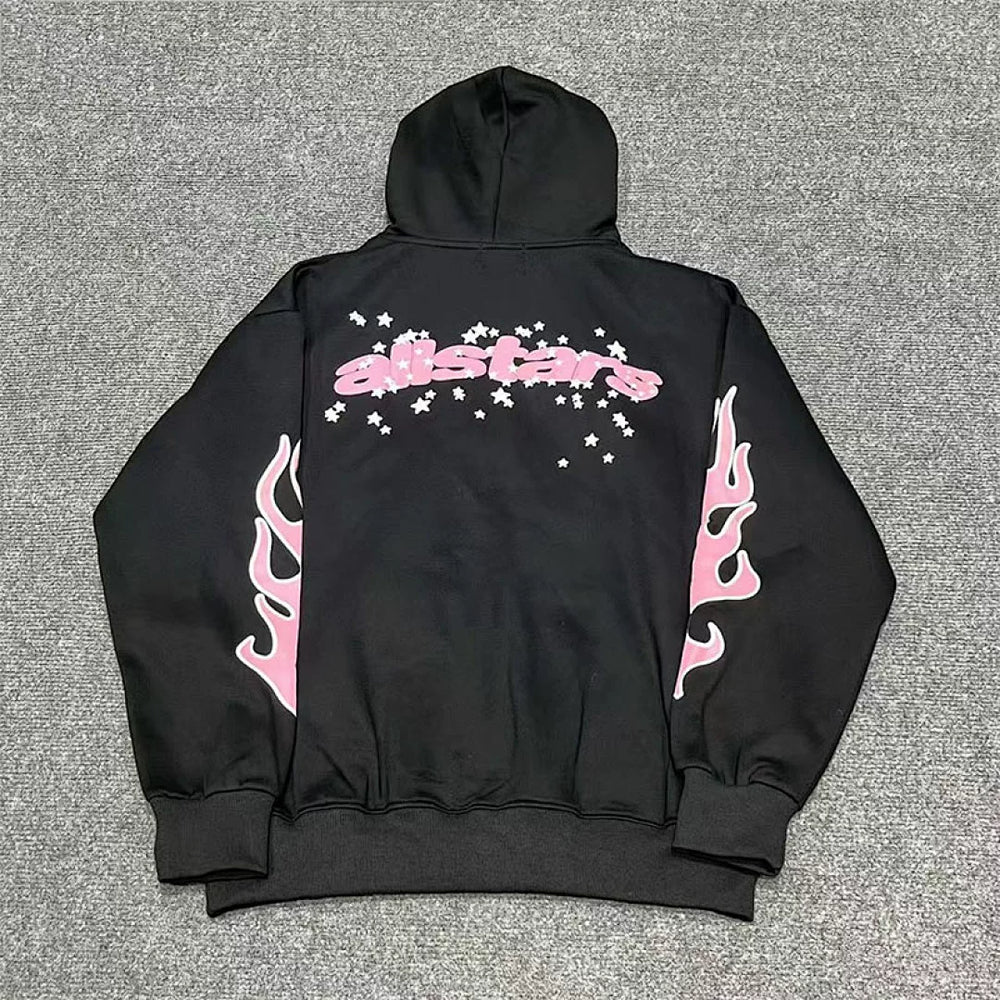 Meichao broken planet high street casual letter star foam print with velvet camouflage hooded sweatshirt fog