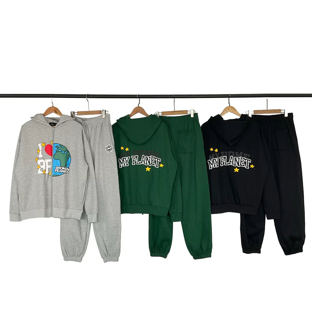 Broken planet tracksuit, trendy high street, autumn and winter velvet sports and leisure hoodie and pants set