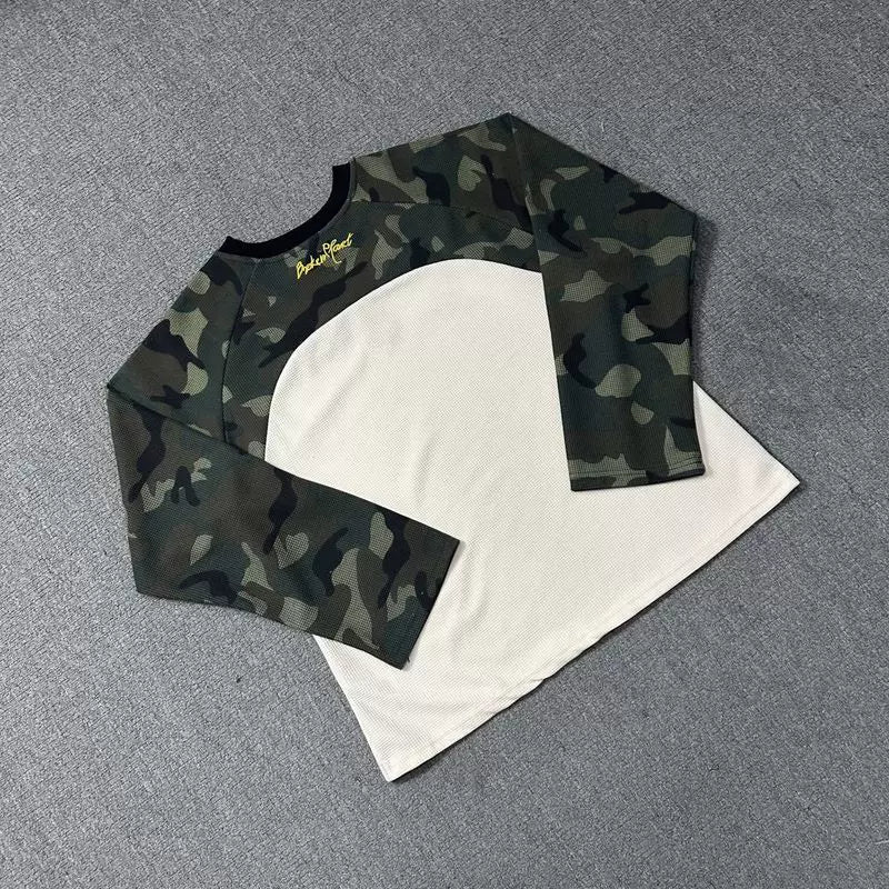 Broken Planet Trendy Brand Splicing Color Contrasting Letter Badge Embroidered Loose Waffle Camouflage Long Sleeve T-shirt for Men