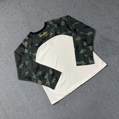 Broken Planet Trendy Brand Splicing Color Contrasting Letter Badge Embroidered Loose Waffle Camouflage Long Sleeve T-shirt for Men