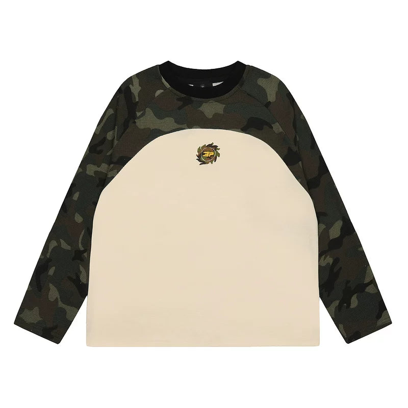 Broken Planet Trendy Brand Splicing Color Contrasting Letter Badge Embroidered Loose Waffle Camouflage Long Sleeve T-shirt for Men