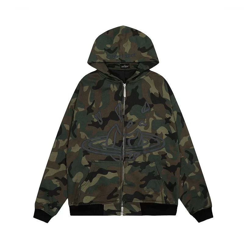 2024 autumn casual hooded sweatshirt high street style camouflage cardigan jacket loose fit
