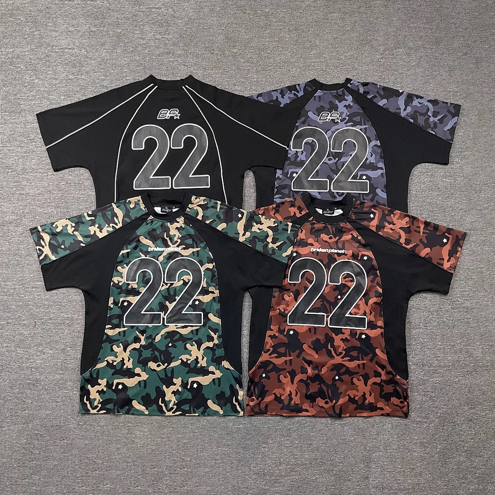 Broken planet shirt, trendy hip-hop street fashion, summer casual, color blocking splicing camouflage short sleeved T-shirt