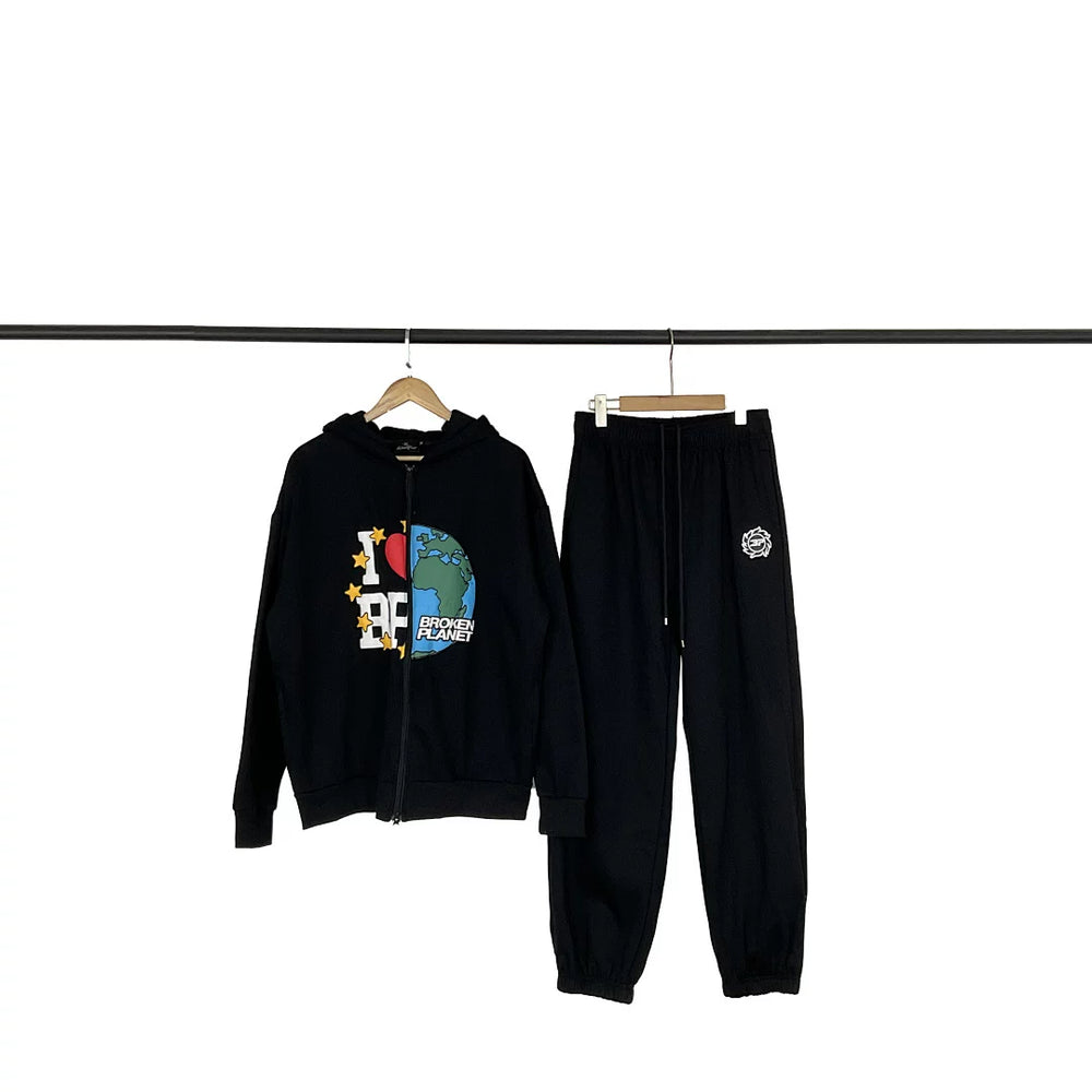 Broken planet tracksuit, trendy high street, autumn and winter velvet sports and leisure hoodie and pants set