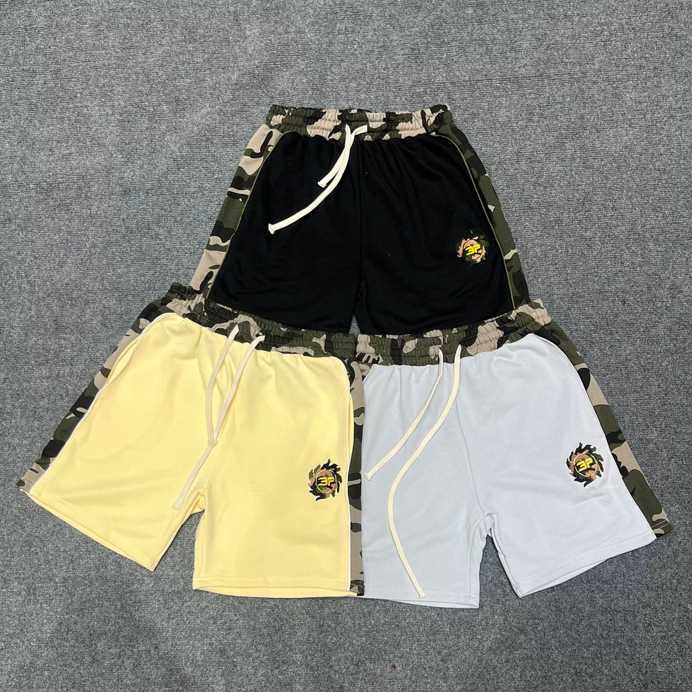 Broken planet, trendy high street, retro casual, color blocking splicing, camouflage embroidery logo, pure cotton shorts, summer