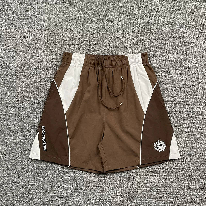 Broken planet, trendy high street, retro sports and leisure, summer color blocking splicing, woven quick drying shorts for men