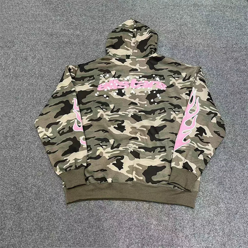 Meichao broken planet high street casual letter star foam print with velvet camouflage hooded sweatshirt fog