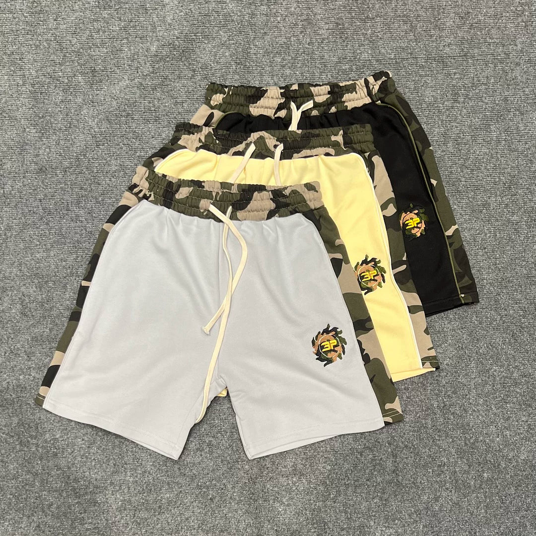 Broken planet, trendy high street, retro casual, color blocking splicing, camouflage embroidery logo, pure cotton shorts, summer
