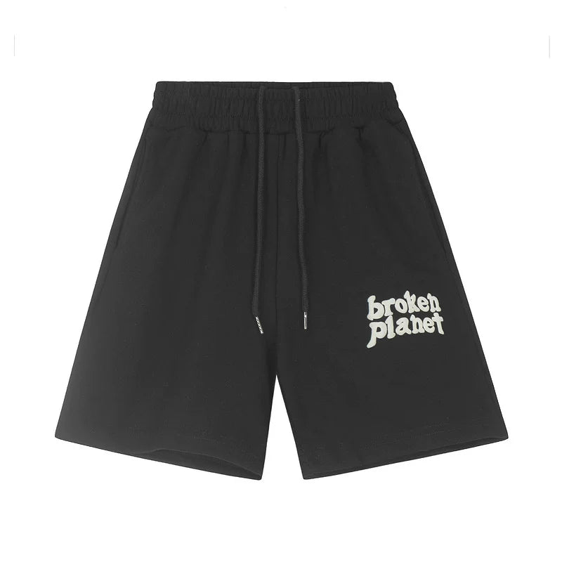 Broken planet shorts unisex high street trendy letter foam printed drawstring five quarter shorts