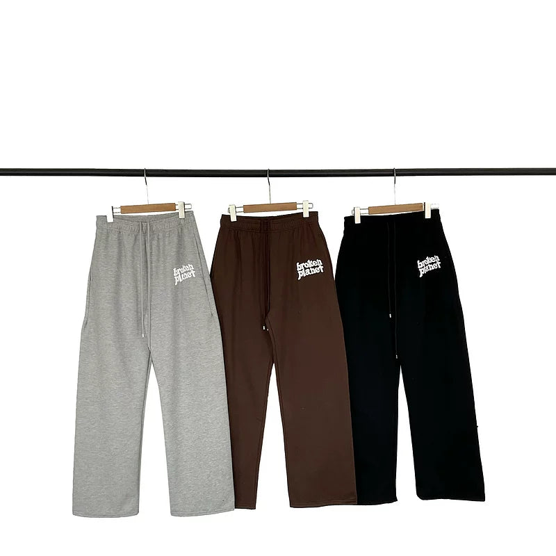 Broken Planet High Street Trendy Brand Autumn/Winter Sports and Leisure with Fleece Letter Printed Loose Straight Pants for Men
