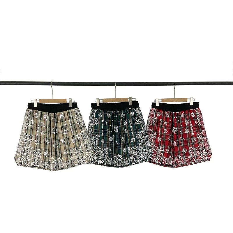 Broken Planet European and American high street fashion brand logo embroidered cashew flower full print striped checkered drawstring shorts