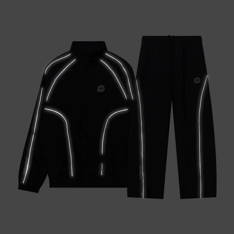 Broken planet reflective strip design for spring and autumn sports and leisure suit, men's and women's zipper jacket, pants