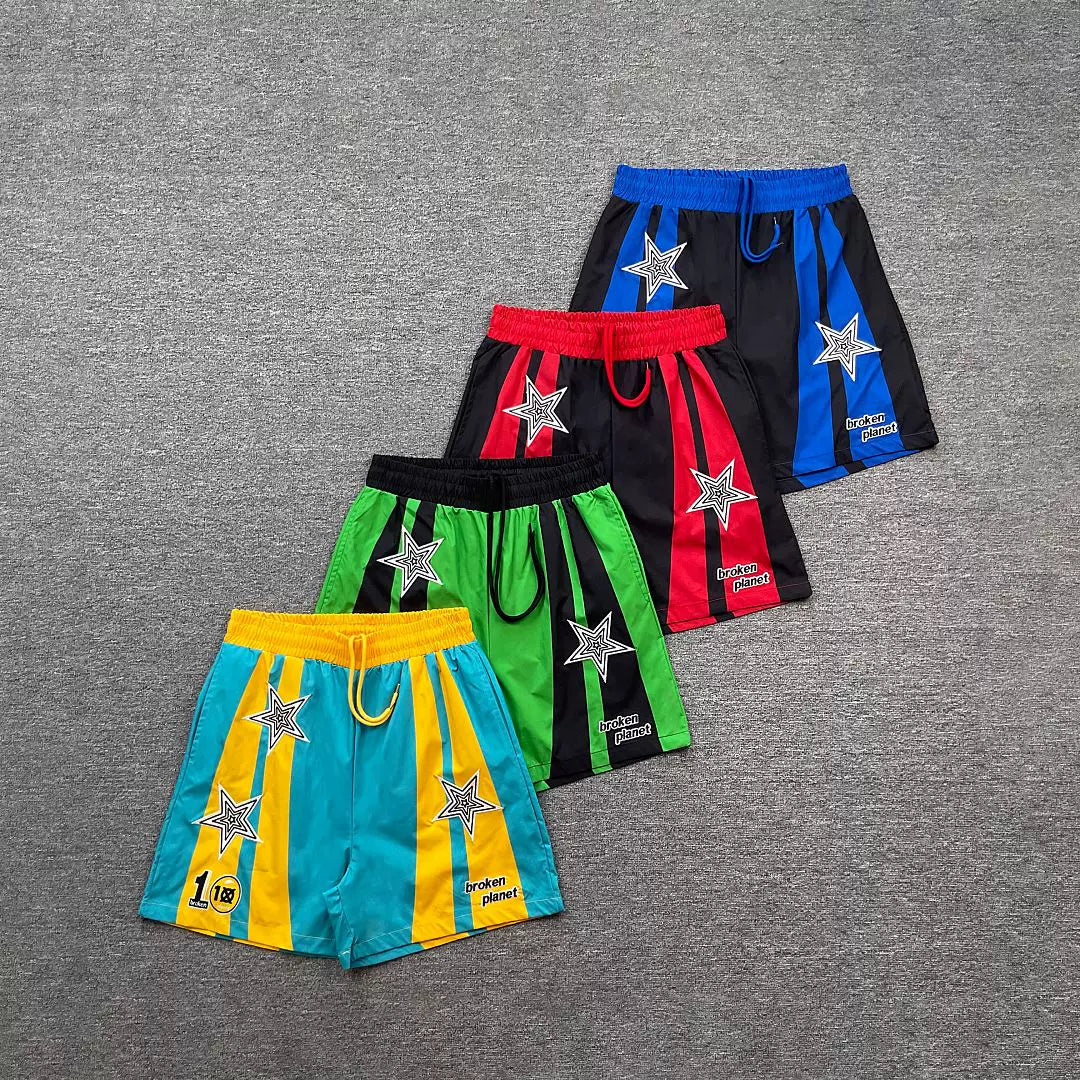 Broken planet, trendy and fashionable street style, summer casual, color blocking, embroidery, woven, quick drying beach shorts, ins