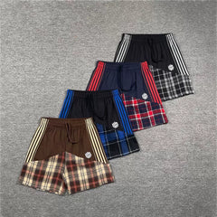 Broken Planet American High Street Trendy Brand Retro Splicing Color Contrast Embroidered Stripe Grid Drawstring Shorts Fog