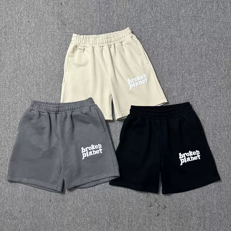 Broken planet shorts unisex high street trendy letter foam printed drawstring five quarter shorts