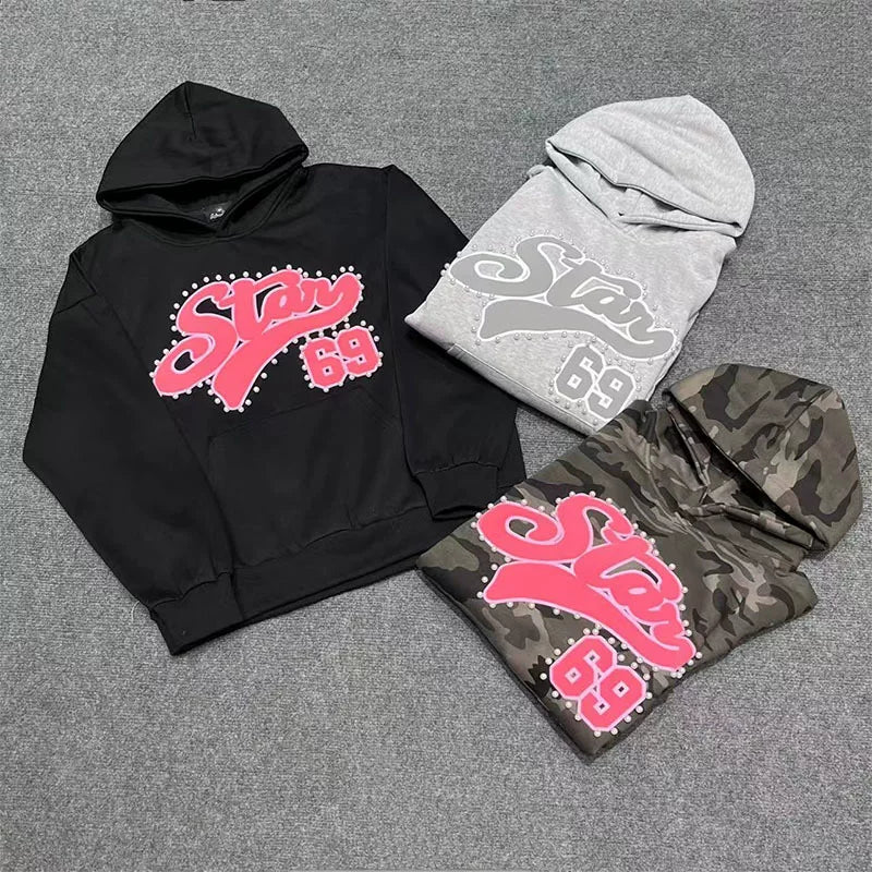 Broken Planet American High Street Trendy Brand Letter Foam Printed Nail Bead Loose Velvet Hoodie Fog